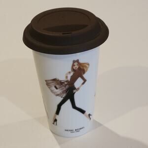 Henri Bendel New York Ceramic Travel Mug Tumbler With Lid Shopper Girl & Dog